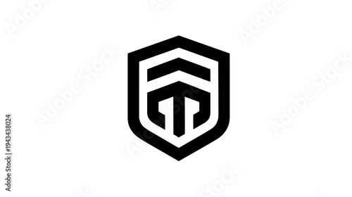 Bold, abstract shield design featuring layered geometric shapes, a central T-like element, & arrows