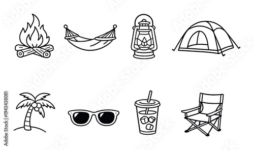 Leisure camping icons showing hammock and summer tent setup