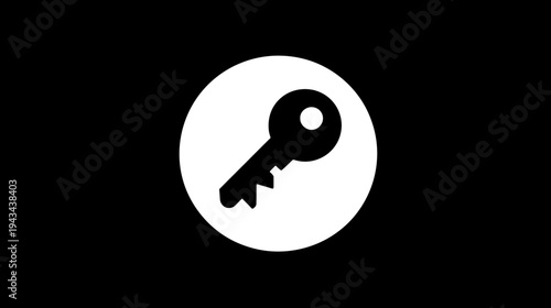 A simple black and white image. A black key in a white circle on a black background