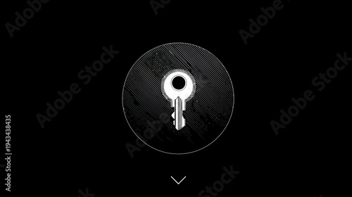 A white key graphic sits in a circle with a textured background. A down arrow is centered below