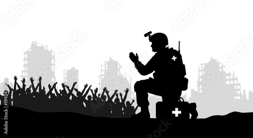Soldier praying for help amidst destruction and crowd, war relief concept