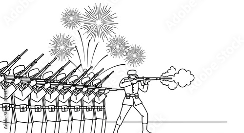 Soldiers Firing Rifles with Fireworks Display Overhead
