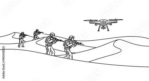 Soldiers with Drone in Desert Landscape