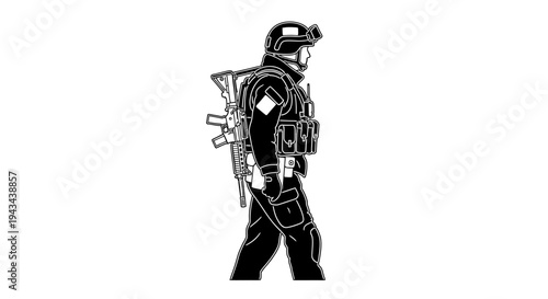Special Forces Soldier Silhouette Walking with Backpack and Rifle