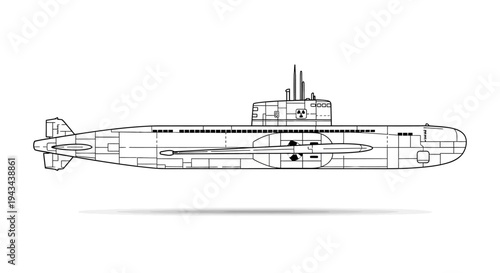 Submarine Blueprint Outline Vector Illustration