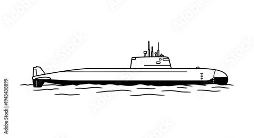 Submarine sailing on the surface of the water, black and white illustration