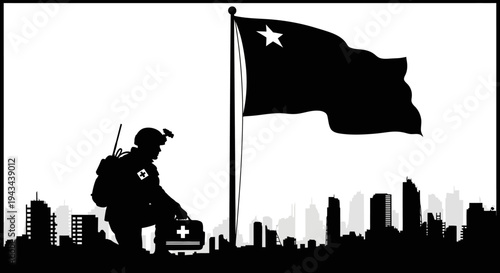 Soldier with Medical Kit Kneels Before Flag in Cityscape Silhouette