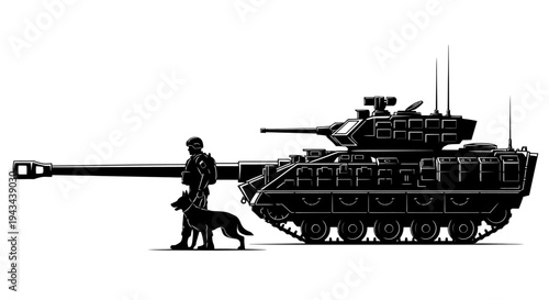 Soldier with Military Dog next to a Tank