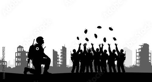 Soldier with Medical Cross Throws Grenades to Crowd in Ruined City Silhouette