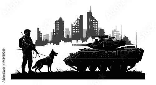 Soldier, Military Dog, Tank, and Ruined City Silhouette - Post-Apocalyptic Scene