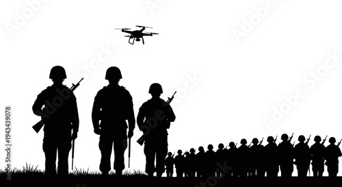 Soldiers and Drone Silhouette - Military Surveillance and Technology