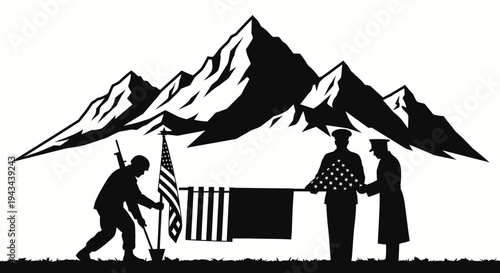 Veterans Memorial Silhouette: Soldiers Burying Flag with Mountains Background
