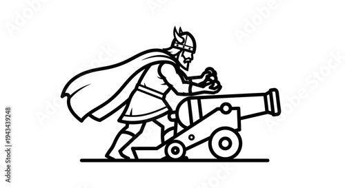 Viking Warrior Aiming Cannon, Historical Military Symbol, Vector Illustration