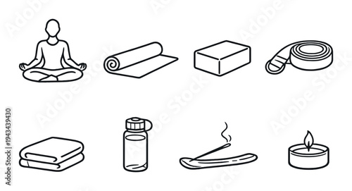 Yoga props and accessories arranged in grid on gray background