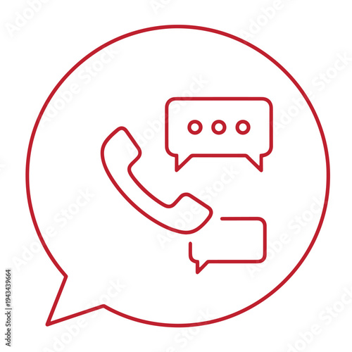 Red line icon of a phone and chat bubbles in a speech bubble for communication and customer service support