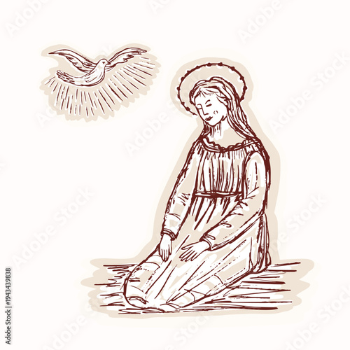 Hand drawn annunciation bible story illustration. Black and white pretty vector sticker motif virgin maryand holy spirit dove gospel scene.. Religious christian printable blessings card design