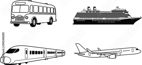 Transportation vehicles outline collection featuring bus cruise ship high speed train and passenger airplane isolated vector illustration for travel transport and logistics design