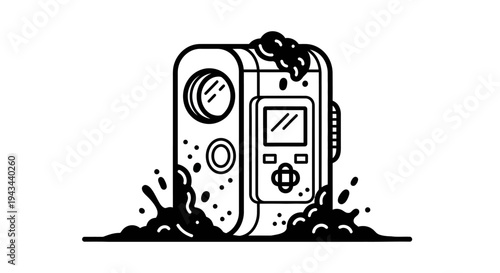 Action Camera in Water Splash, Waterproof Device, Outdoor Adventure Gear, Black and White Line Art