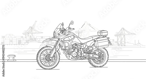 Adventure Motorcycle Sketch in Industrial Port Background