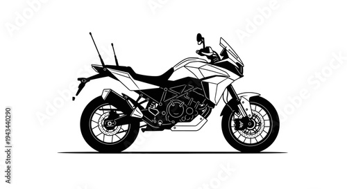 Adventure Motorcycle Silhouette, Touring Bike, Off-Road Capability, Black and White Line Art