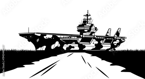 Aircraft Carrier Camouflage Military Ship Sailing on Water, Black and White Illustration