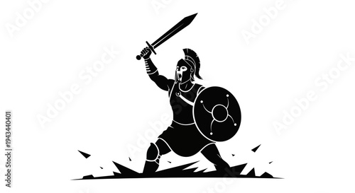 Ancient Warrior with Sword and Shield, Dynamic Pose, Black and White Silhouette