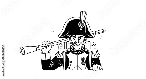Angry Napoleonic Soldier with Musket, Historical Illustration, Black and White