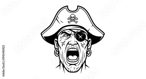 Angry Pirate Face with Eye Patch and Skull Hat