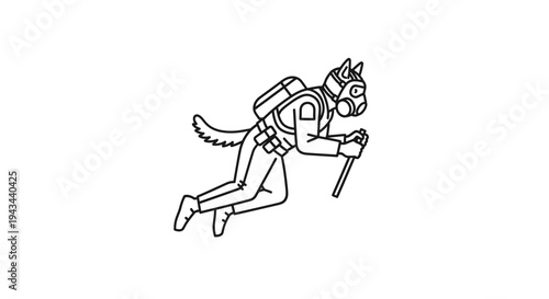 Anthropomorphic Dog in Hazmat Suit with Gas Mask and Backpack, Holding Pole