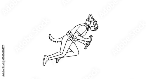 Anthropomorphic Dog Character Running with Gas Mask and Baton