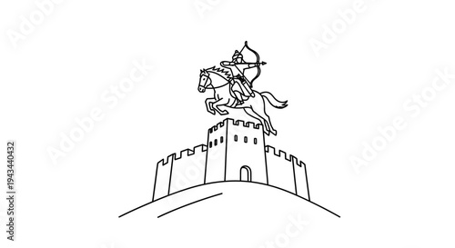 Archer on horseback atop fortress wall, medieval battle scene, historical illustration