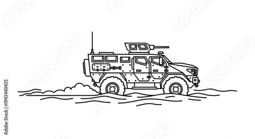 Armored Military Vehicle Driving Through Water - Line Art Illustration