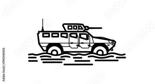 Armored Military Vehicle Driving Through Water, Combat Vehicle Illustration