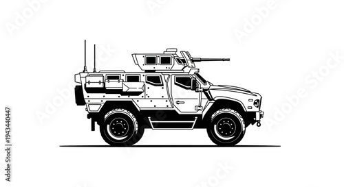 Armored Military Vehicle with Machine Gun - Black and White Illustration