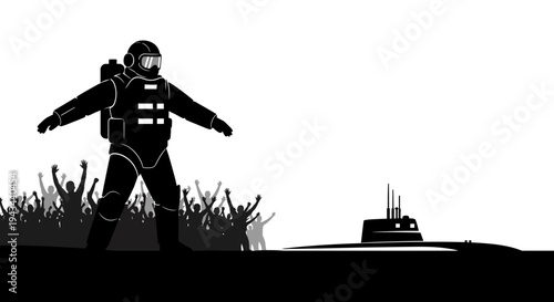 Astronaut Emerges from Submarine to Cheering Crowd on Alien Planet