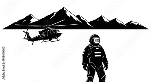 Astronaut in protective suit with helicopter and mountains background