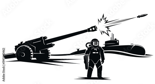 Astronaut firing missile from cannon with submarine in background, surreal military concept