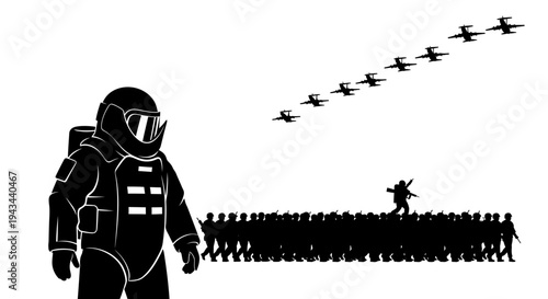 Astronaut Leads Army of Silhouettes Under Fighter Jets Formation