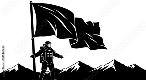 Astronaut plants flag on alien planet with mountains, space exploration, achievement