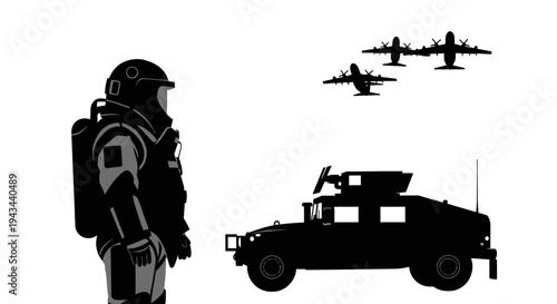 Astronaut Soldier with Military Vehicle and Aircraft Silhouette - Futuristic Sci-Fi Concept