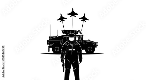 Astronaut Soldier with Military Vehicle and Fighter Jets in Silhouette
