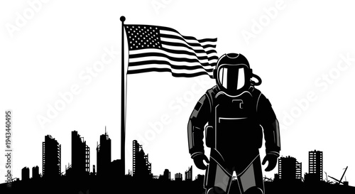 Astronaut Standing in Ruined Cityscape Under American Flag