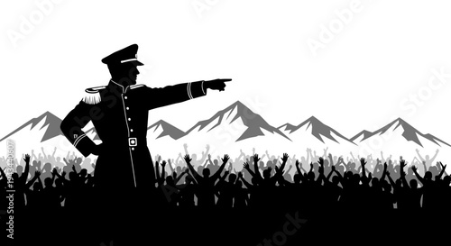 Leader Directing Crowd Towards Mountains, Silhouette of General Addressing Audience