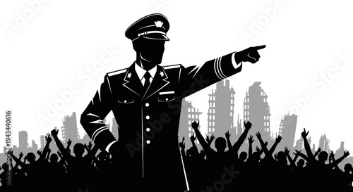 Leader Directing Crowd Amidst Ruined Cityscape, Symbolizing Power and Post-Apocalyptic Future