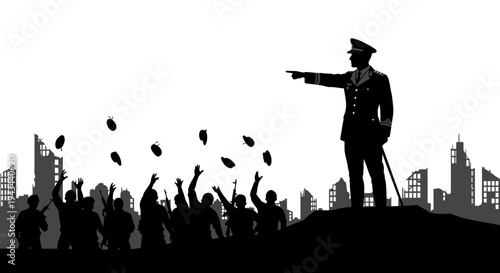 General Directs Troops Throwing Grenades Over Destroyed City Skyline Silhouette