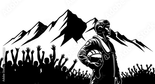 Hero Pilot Stands Proudly Before Adoring Crowd and Majestic Mountains