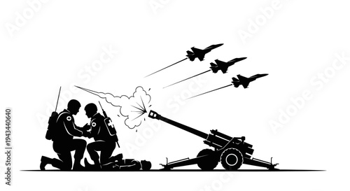 Military artillery firing at jets in the sky during a battle scene
