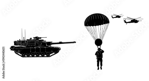 Military Airborne Assault: Tank, Paratrooper, Helicopters, Combat Scene