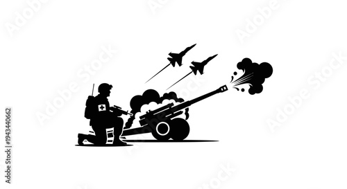 Military artillery firing at jets, soldier with medical cross emblem on backpack