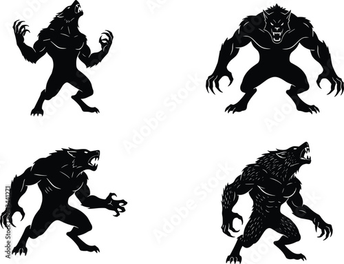 Werewolf monster silhouettes collection featuring scary mythical wolf creature poses isolated vector illustration for horror fantasy halloween design and dark character art